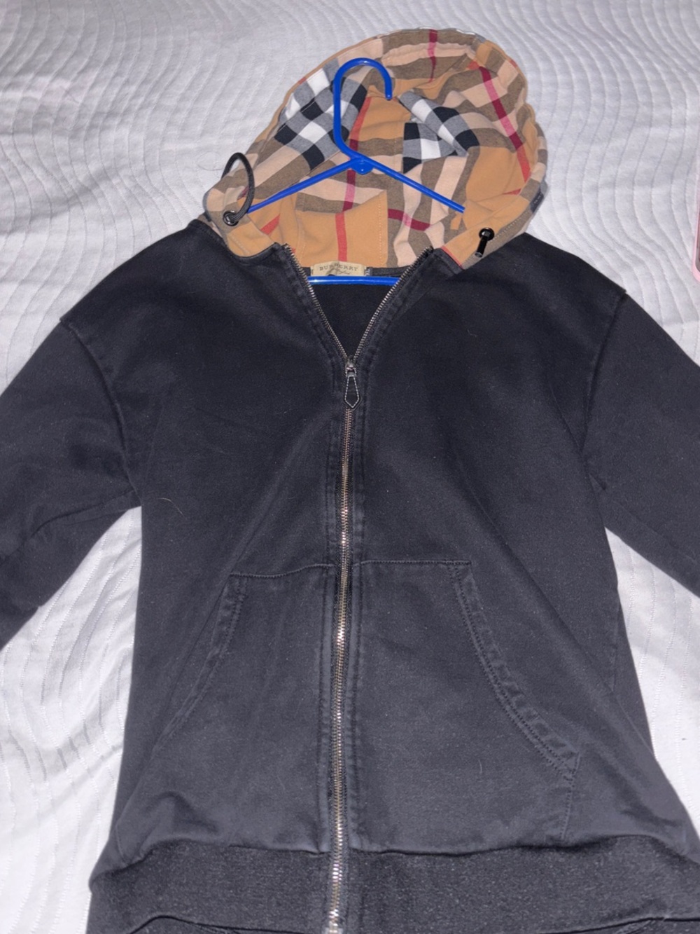 Burberry Black Zip-Up Hoodie with Signature Check Hood Lining